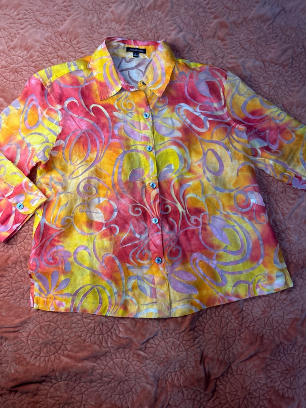 Notations Yellow Pink Orange Swirl Button-Down Shirt